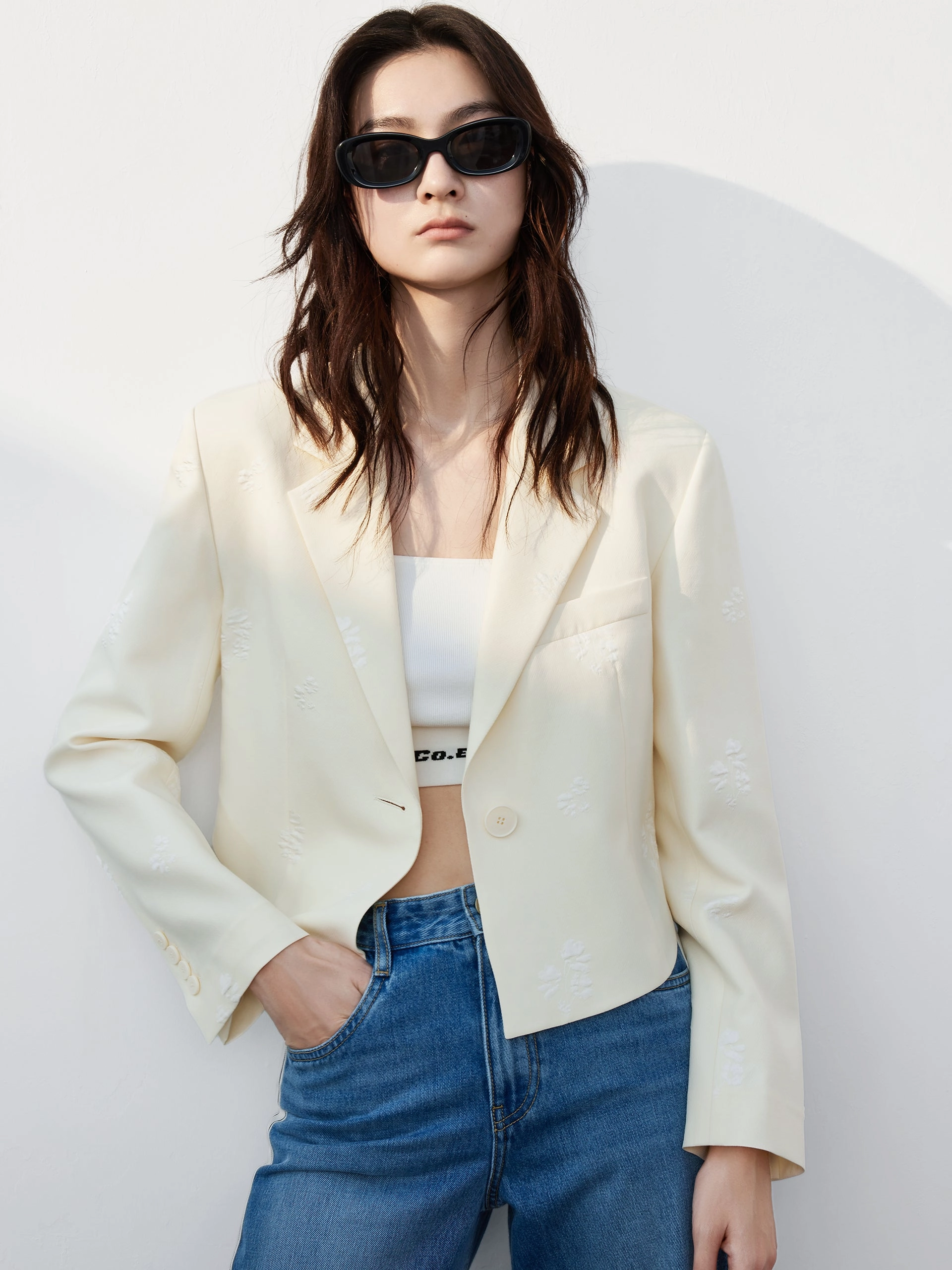 Floral Jacquard Cropped Jacket Frictionless Lining