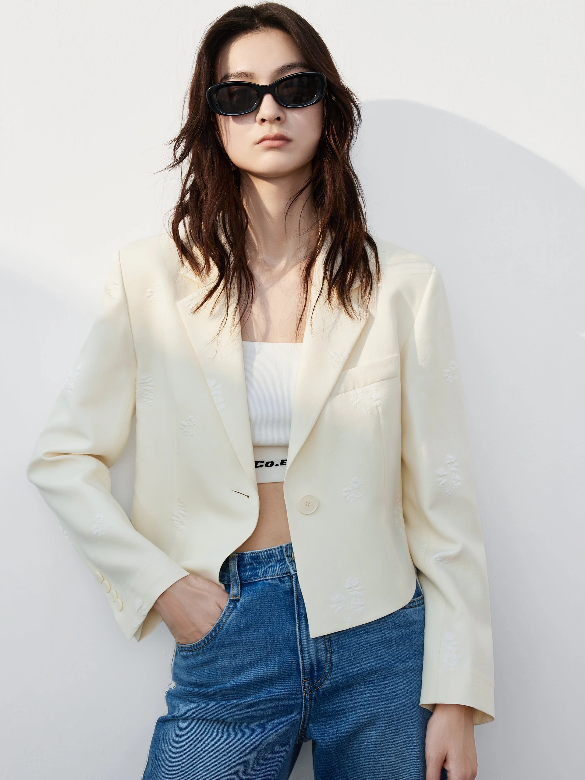 Floral Jacquard Cropped Jacket Garment Washed Odor Neutralizing Technology