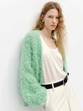 Stretchable Neckline Fluffy Boucle Knit Cardigan