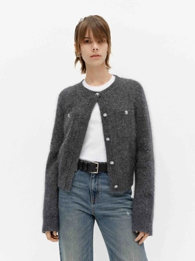 Fluffy Crew Neck Cardigan simple design Petal Sleeve Architecture
