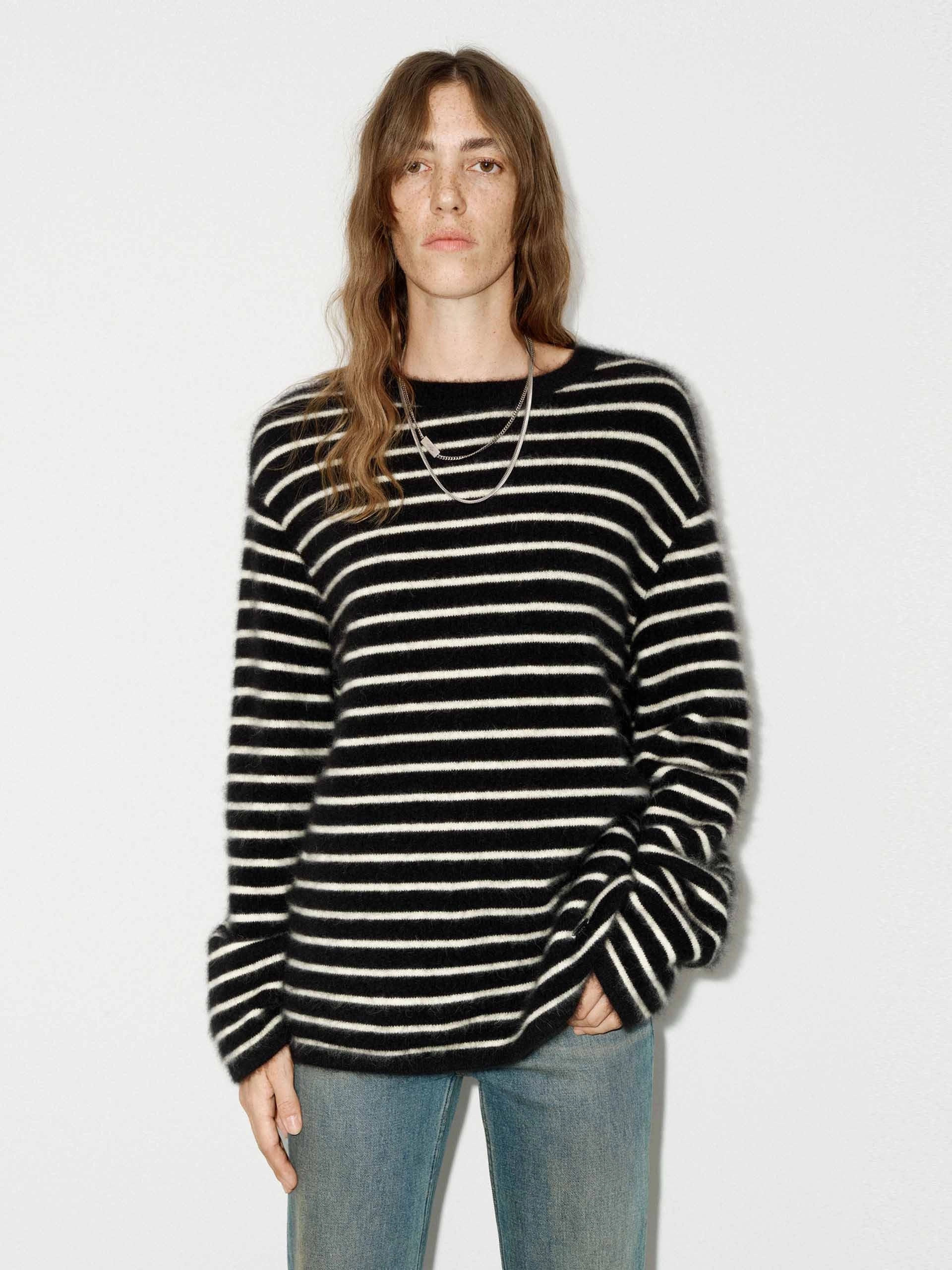 Tailored Silhouette Active Design Fluffy Wool Blend Striped Sweater