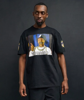 Seamless Construction Design Variable Tension Adjustment Mad Sleeve Print Short Sleeve Tee - Black