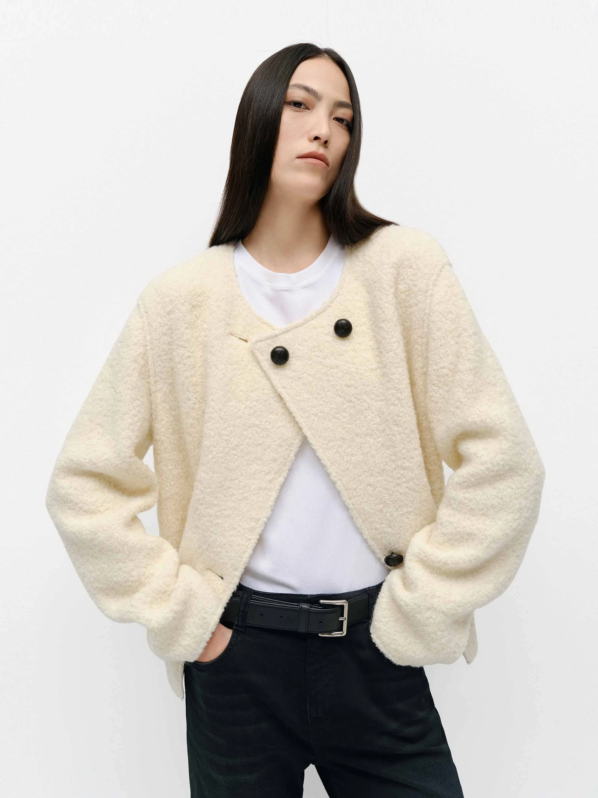 Stretch Panels Multi Purpose Loops Collarless Boucle Knit Coat