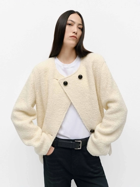 Stretch Panels Multi Purpose Loops Collarless Boucle Knit Coat