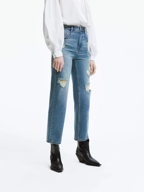 Frayed Detail Ankle Jeans Bold Look Parent Style Standard Piece
