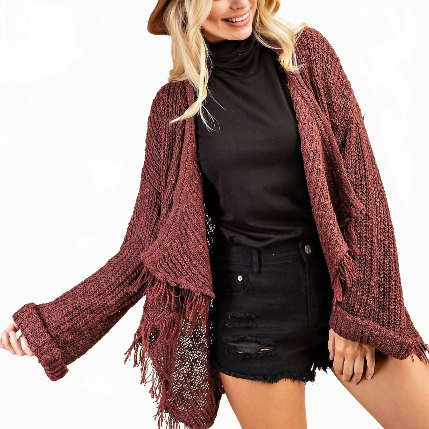 Reinforced Cuffs Frayed Drape Sweater Cardigan In Burgundy