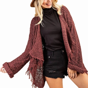 Reinforced Cuffs Frayed Drape Sweater Cardigan In Burgundy