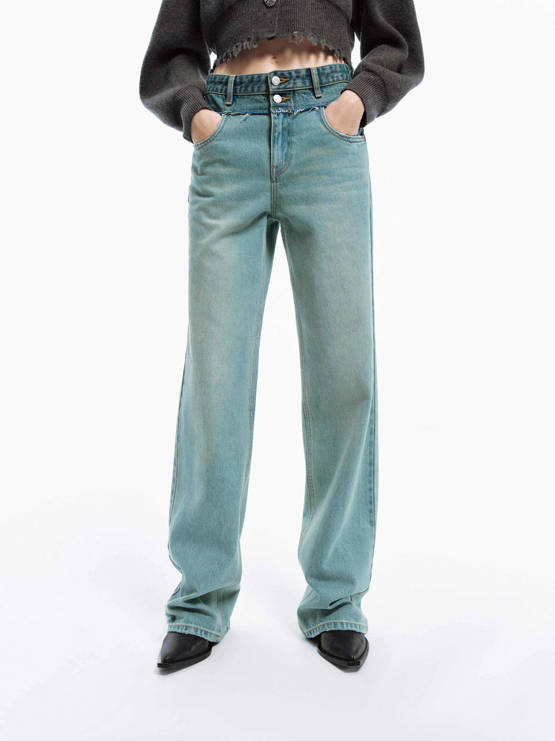 Frayed Seam Straight Jeans No Gap Waistband