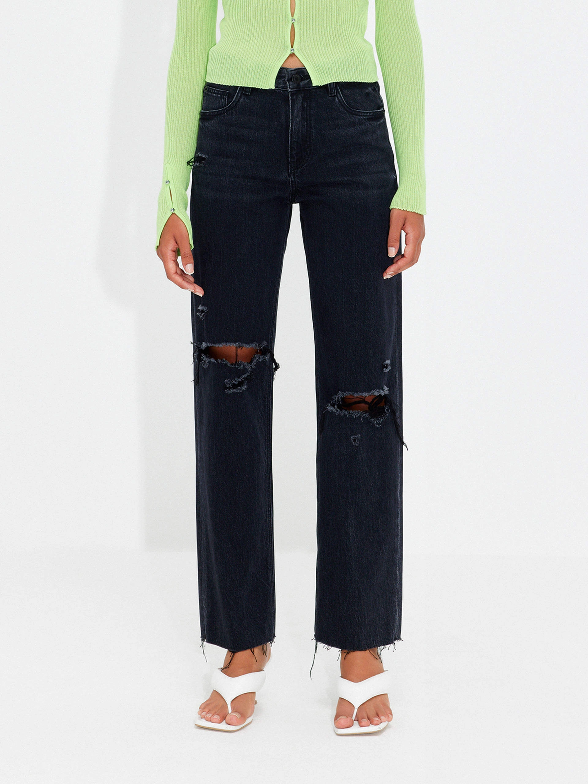 Black Ripped Detail Jeans Stretch Minimalist Multipurpose Utility Pockets