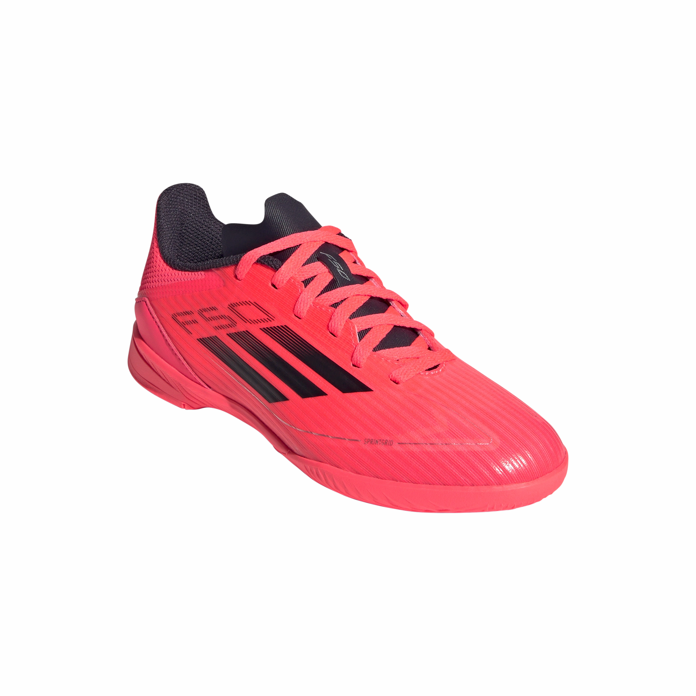 Adidas F50 League Indoor Junior Football Shoes (Turbo/Aurora Black/Platinum Metallic) Dynamic Movement Clean Finish
