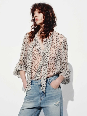 Animal Print Tie Blouse Temperature Regulating Textile