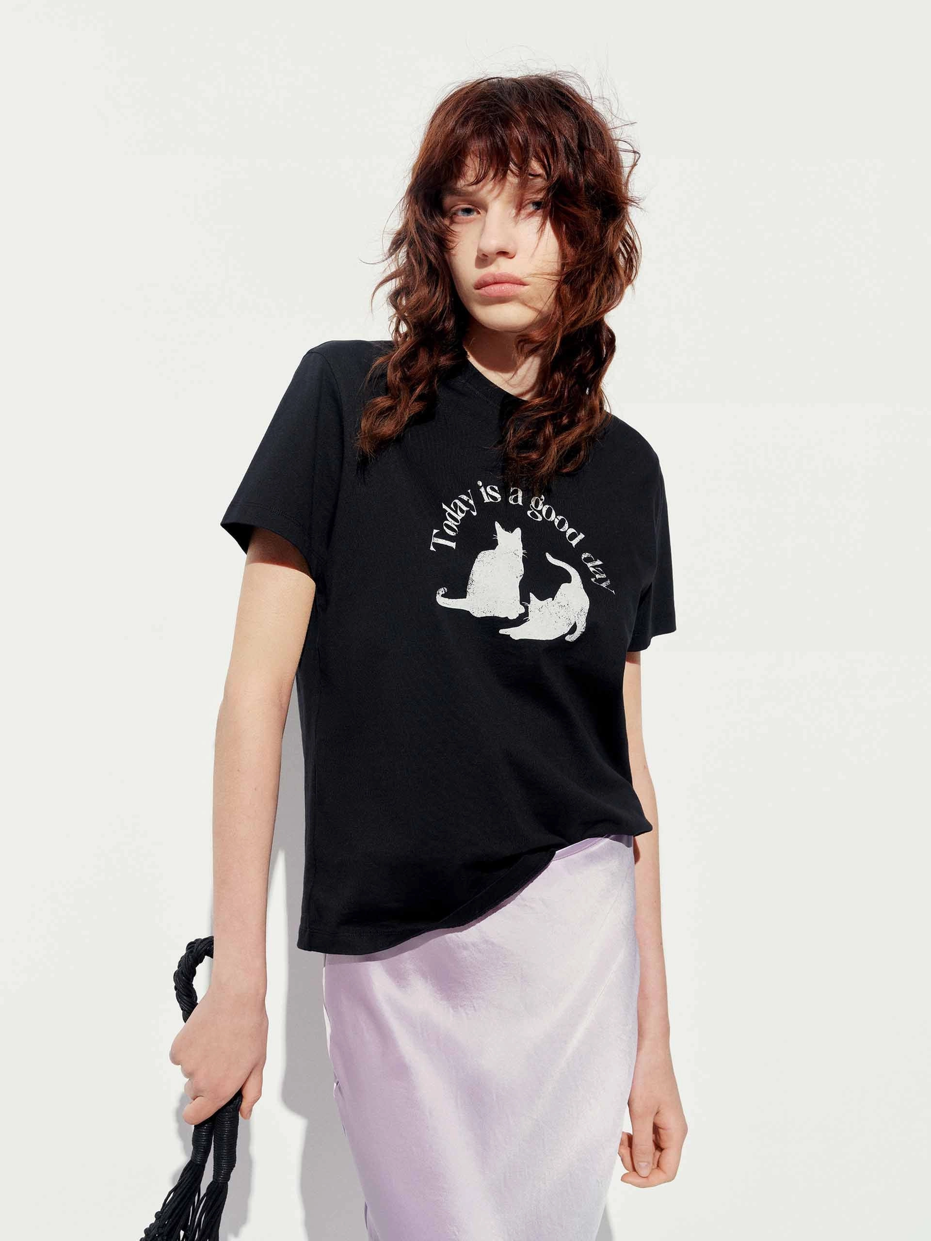 Casual Fashion Wrinkle Resistant Finish Front Cat Print Cotton T-shirt
