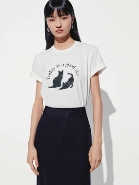 Front Cat Print Cotton T-shirt Garment Dyed Finish Bold Comfort