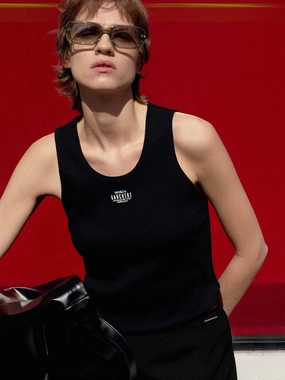 Front Letter Ribbed Tank DoubleLayered Collar