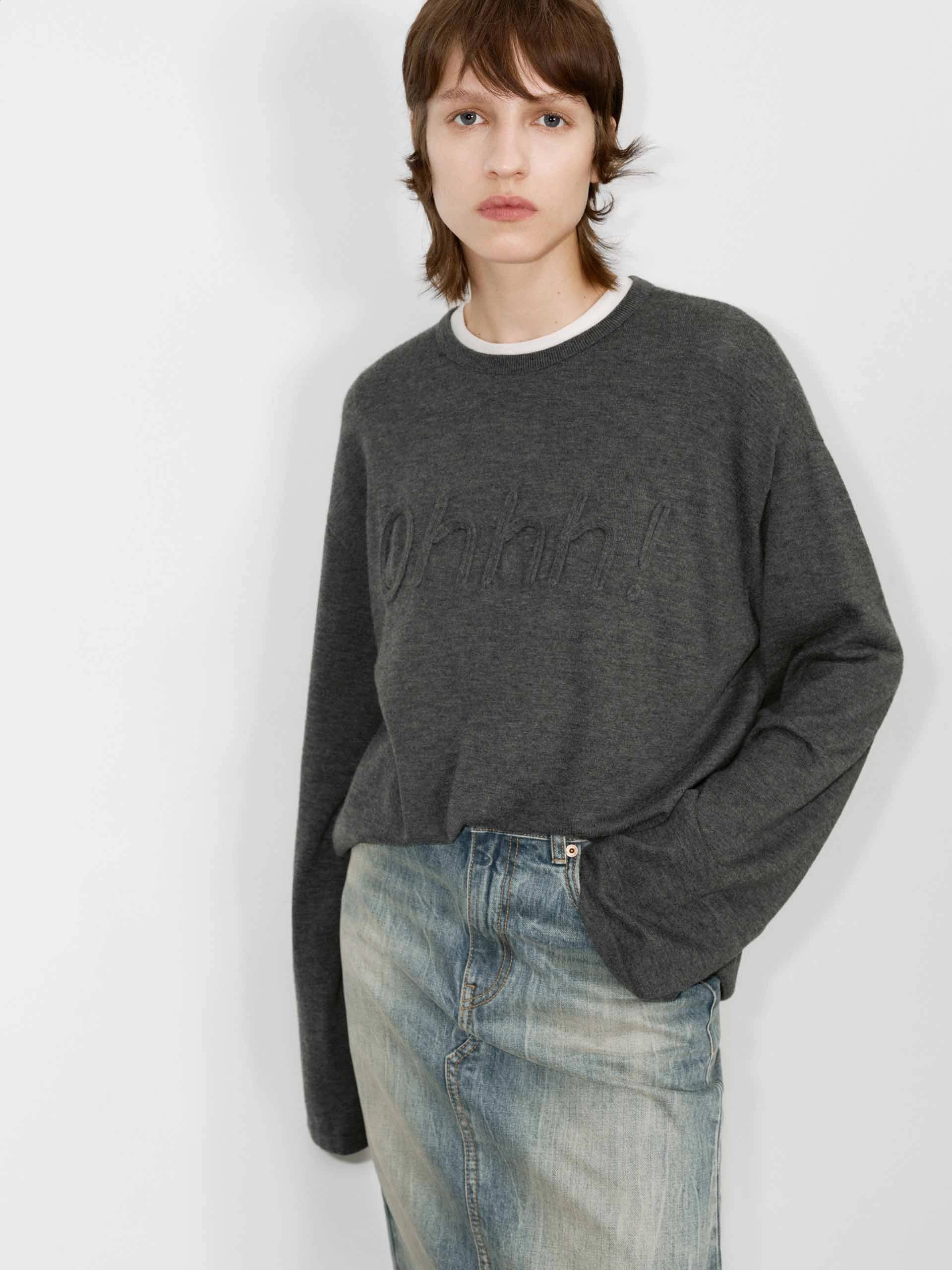 Front Letter Striped Sweater RelaxedNeckline Midweight Texture