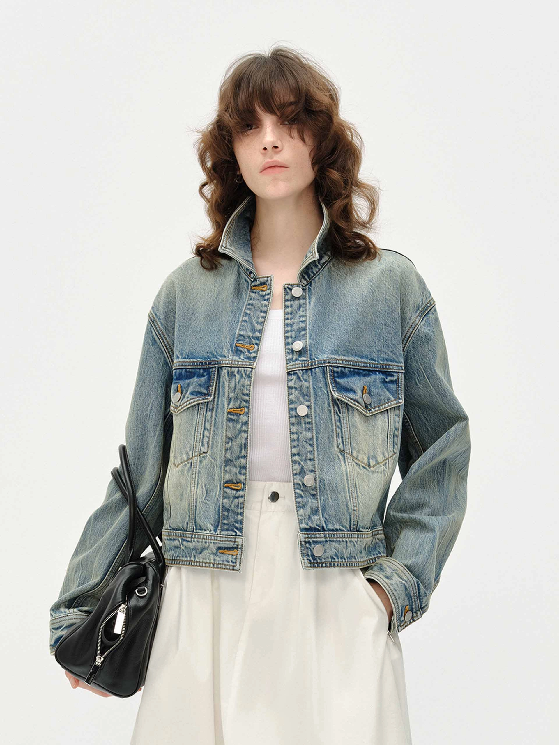 Reinforced Shoulder Padding Front Pocket Denim Jacket