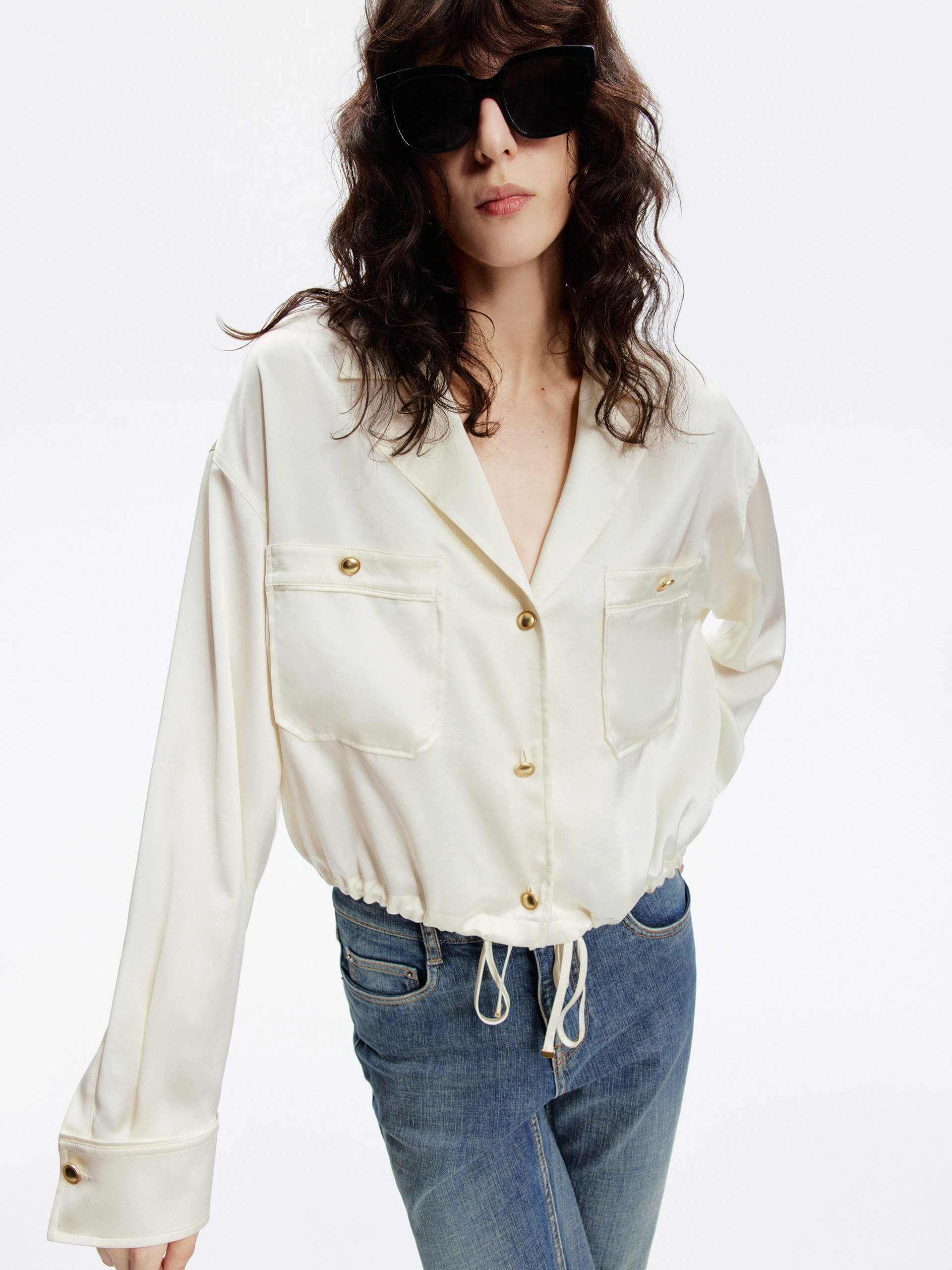 Front Pocket Satin Shirt TaglessCollar Loose cut