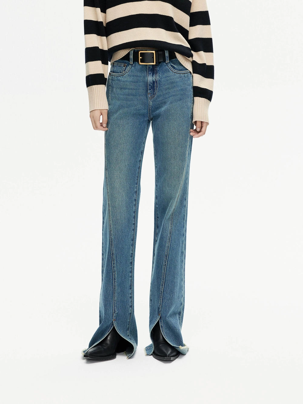 Street Routine Front Slit Flared Jeans