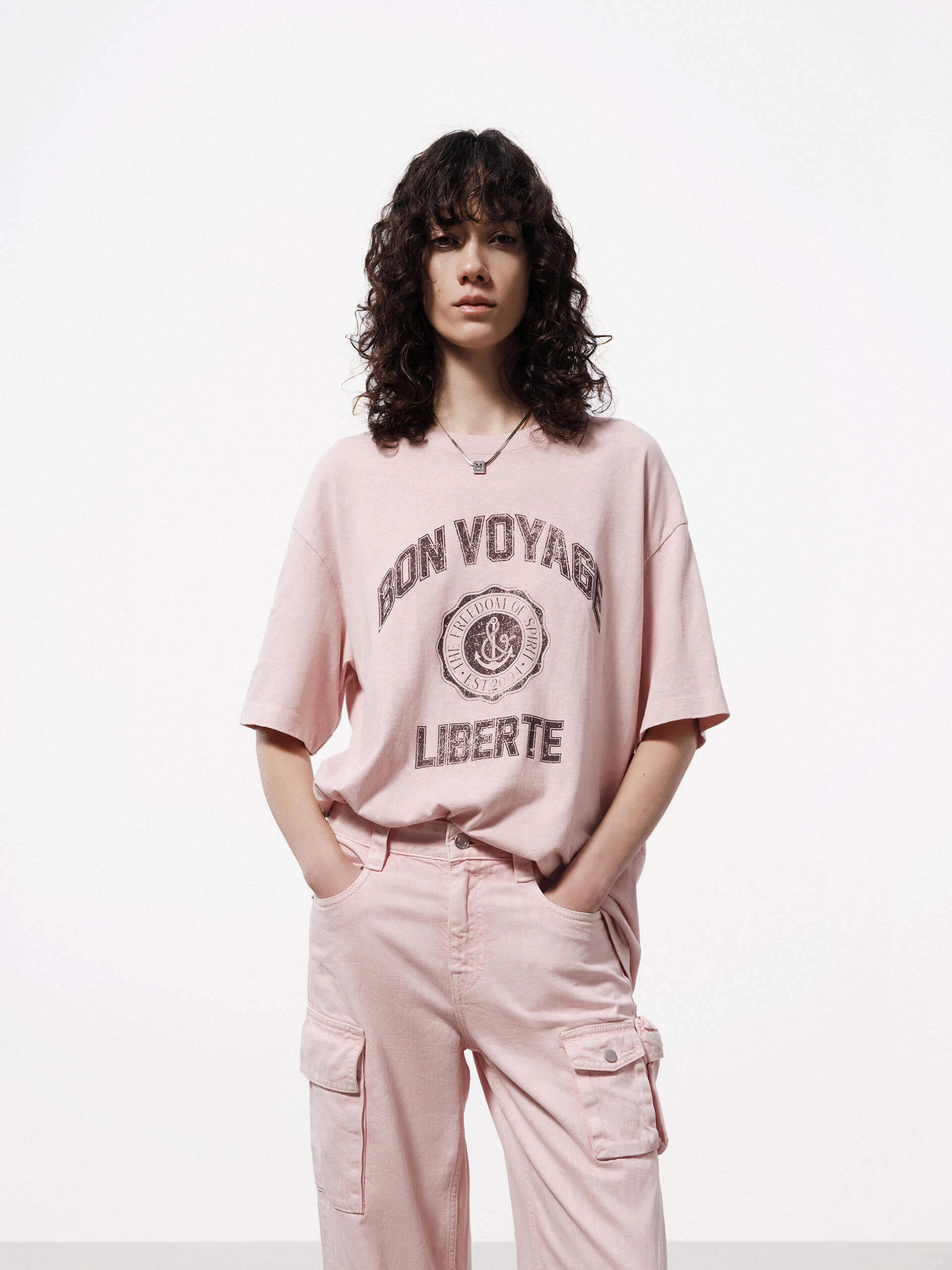 Comfort and Breathable LayeredSleeveConstruction Front Slogan Loose T-shirt