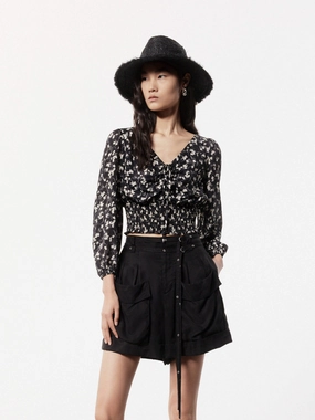 Front Tie Print Top Seamless Knit Design