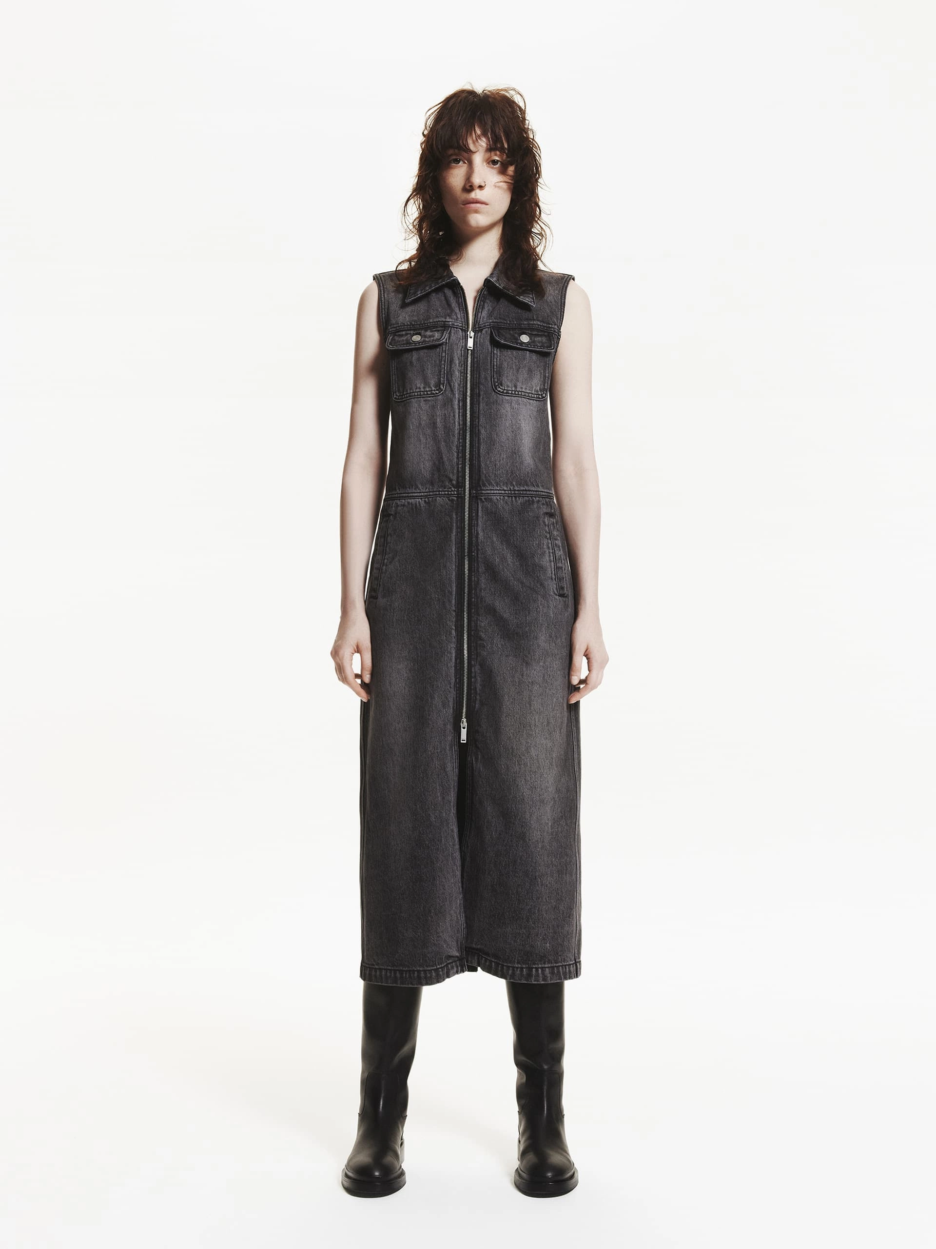 Front Zip Denim Dress All-Day Wear Tailored Elegance