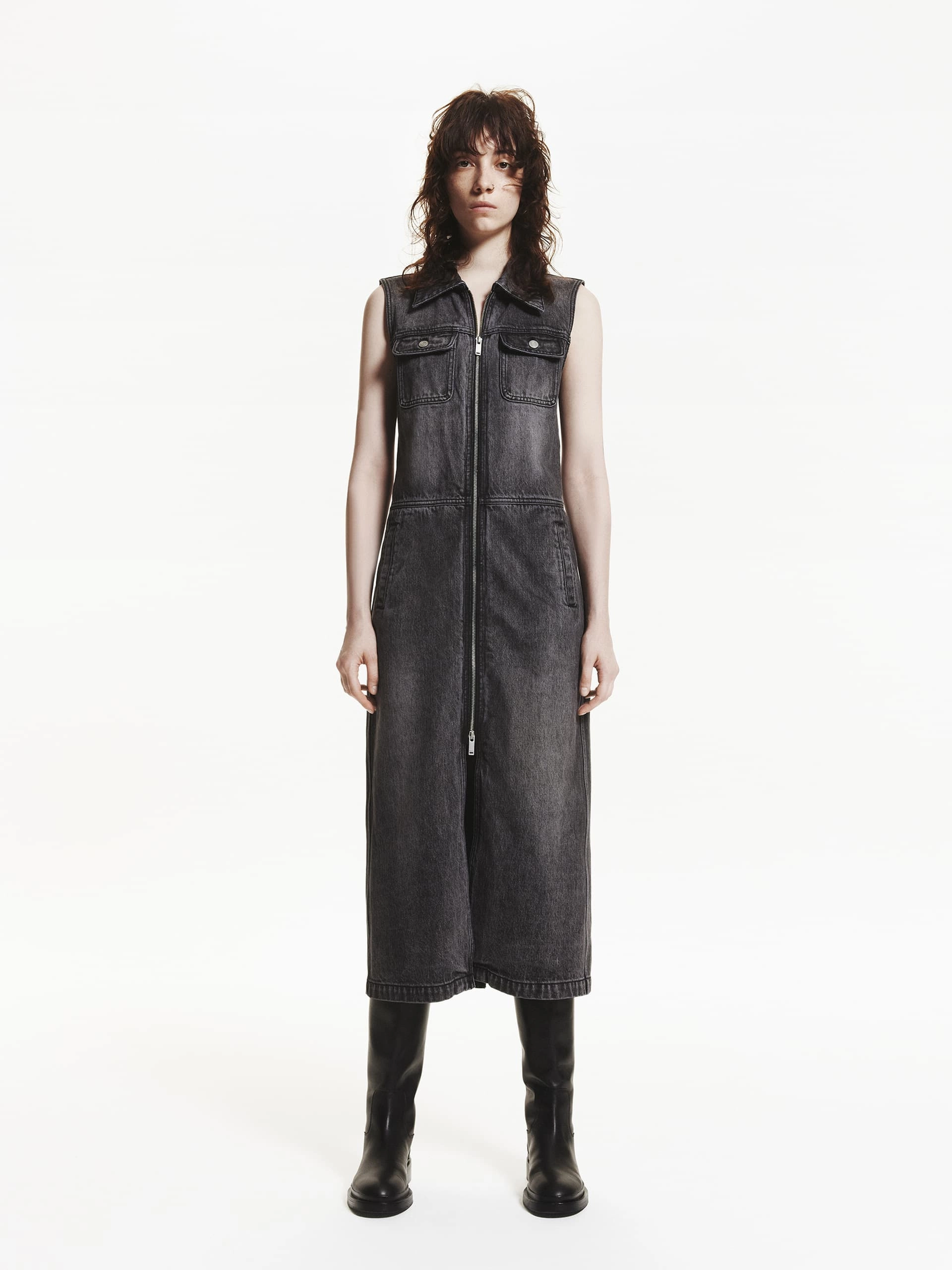 Front Zip Denim Dress Office Wear One-Shoulder