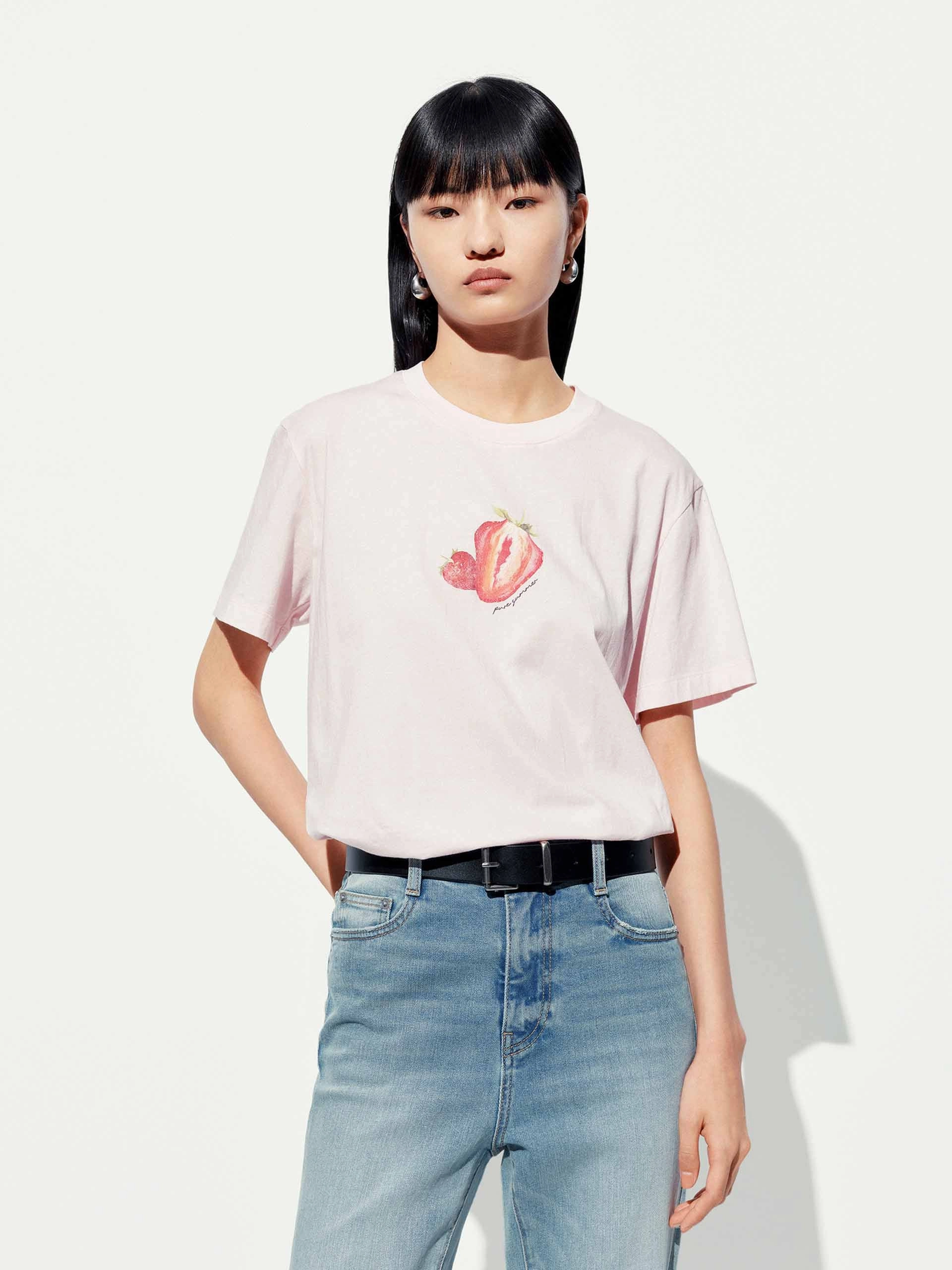 Fruit Print Cotton T-shirt Micro Perforation Minimal Fashion