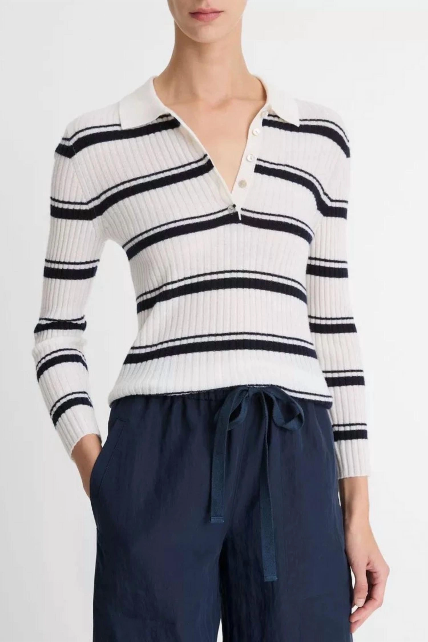 Chilly Season Wear Silk Blend Stripe Polo Sweater In White/ Black