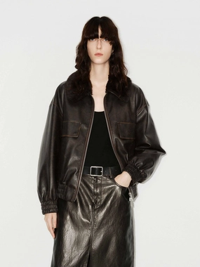 Fur Collar Leather Jacket Zippered Vents Impact Absorbing Back Panels