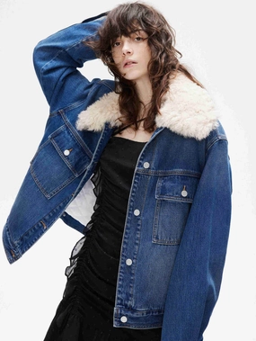 Textured Weave Fuzzy Collar Denim Jacket