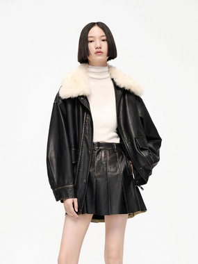 Low Profile Insulation Heat Sealed Edges Fuzzy Collar PU Leather Jacket