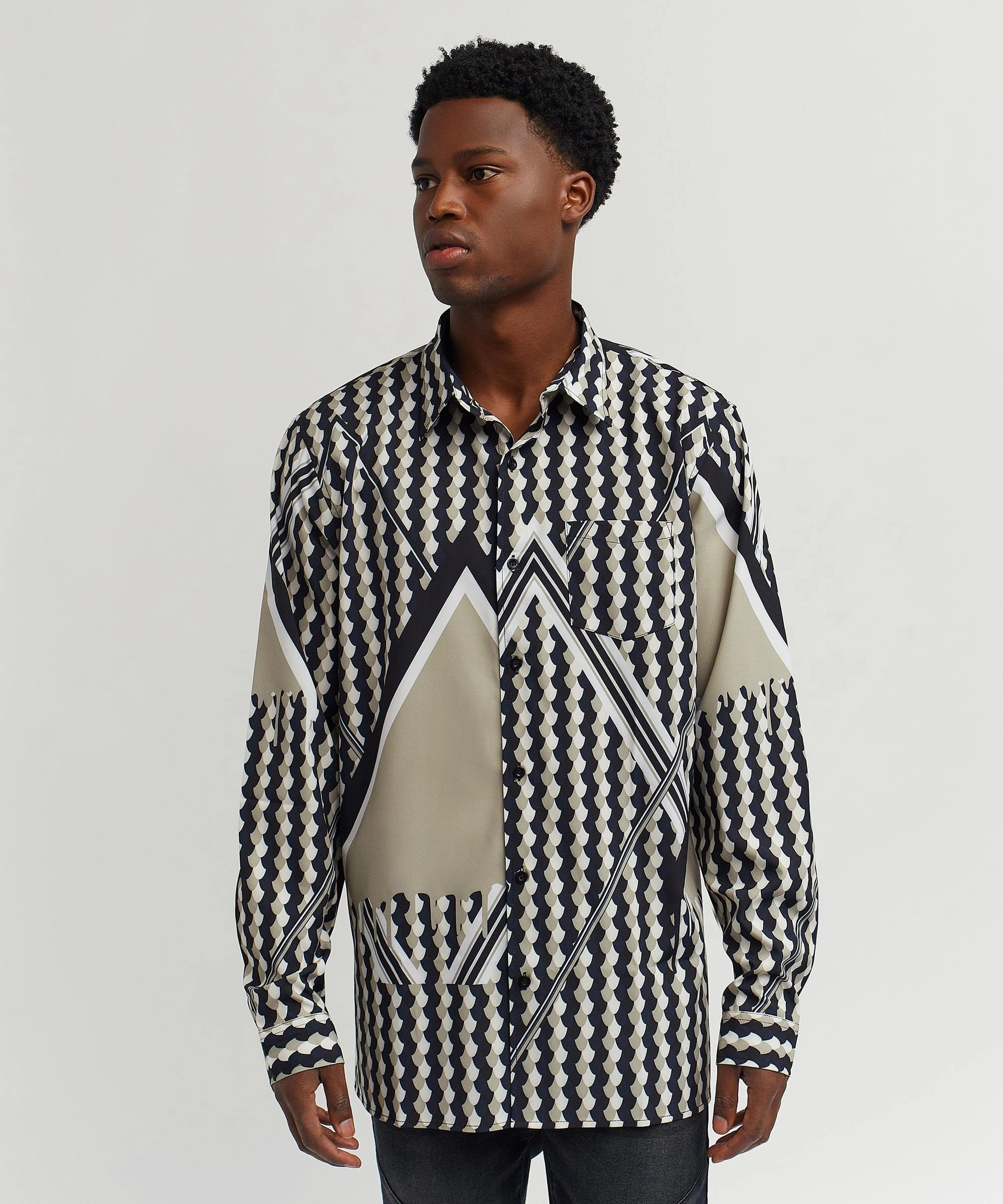 Geo Print Long Sleeve Woven Shirt MultiDirectionalStretch Airflow Optimized Weave