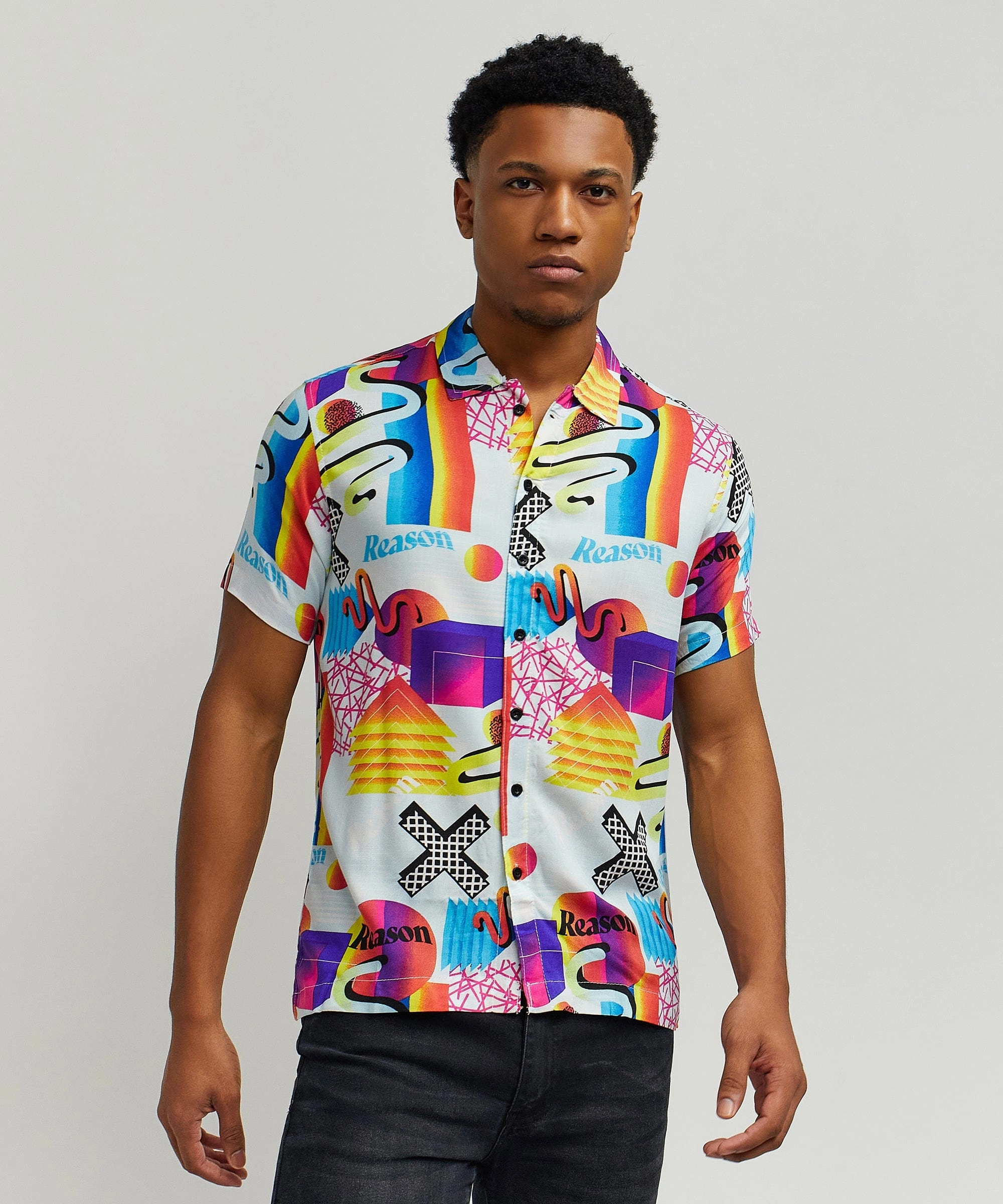 Geo Shape Allover Print Short Sleeve Shirt Eco Friendly Dye Eco Friendly Dye Process