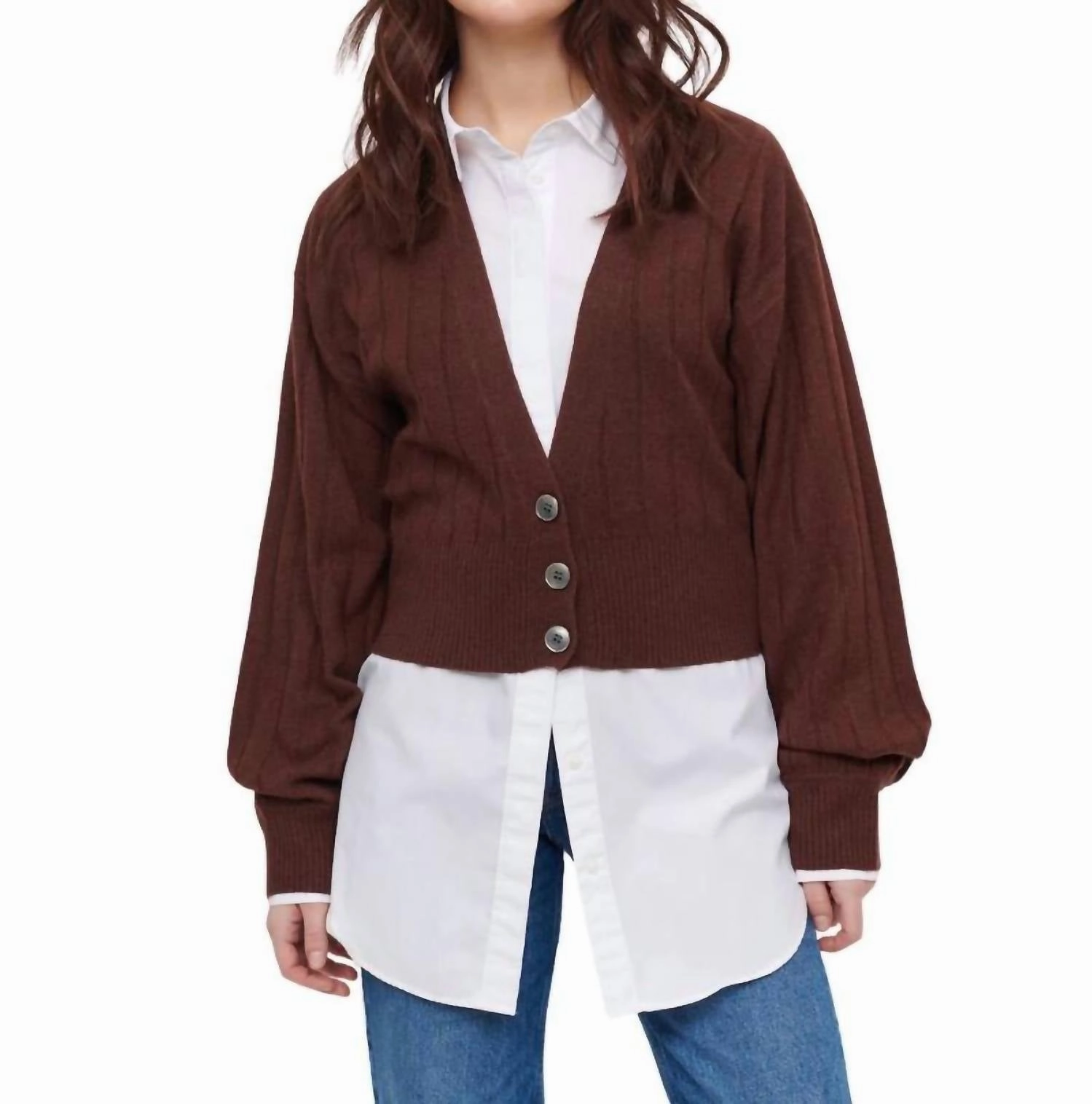 Gigi Blouson Cardigan In Chocolate Timeless Layering Versatile Outfit