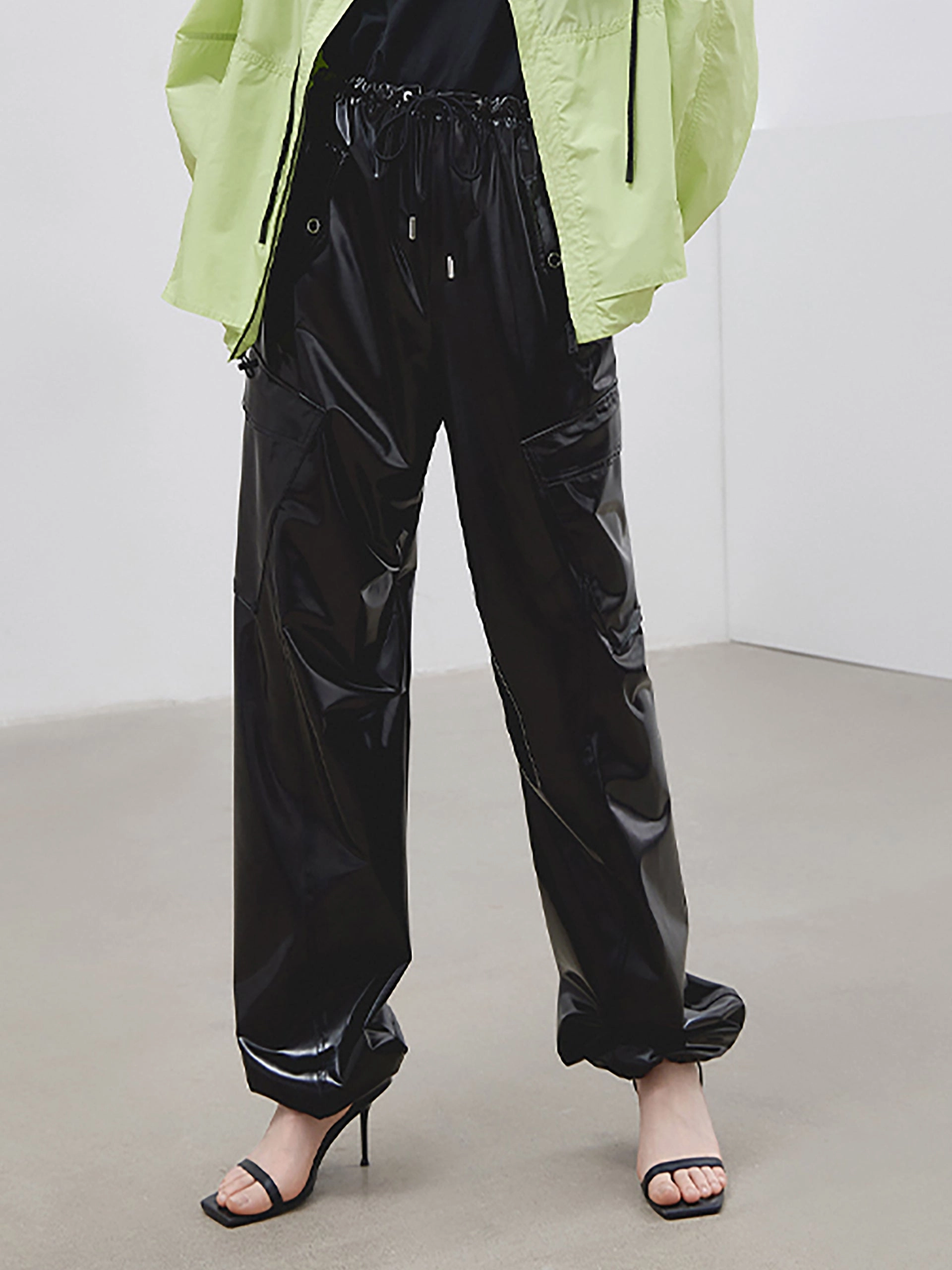 Glossy Faux Leather Pants GussetedCrotch Tight Fit