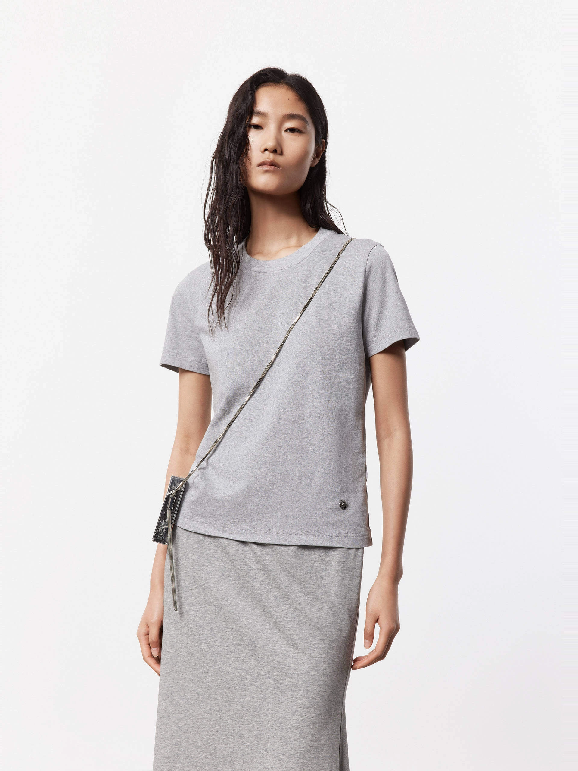 Grey Basic Cotton T-shirt Heat Regulating Fabric HighNeckCut