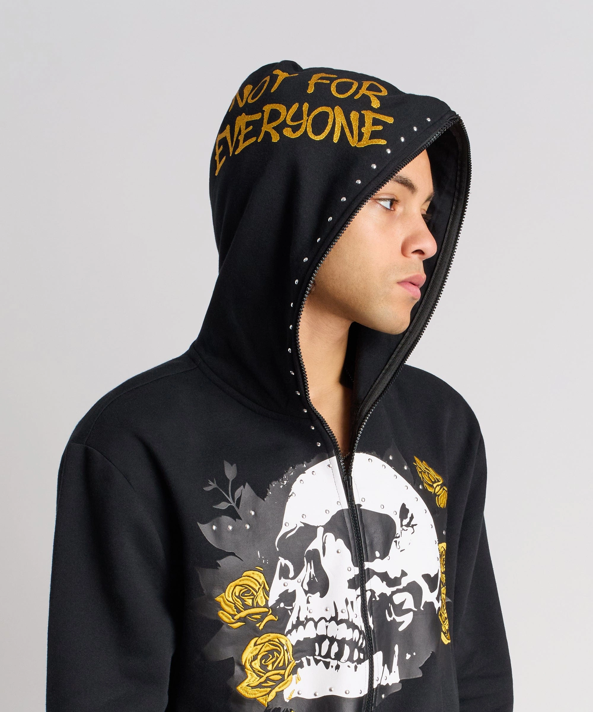 MidweightKnit Buttery Soft Handfeel Grind Over Glory Rhinestone Full Zip Hoodie - Black