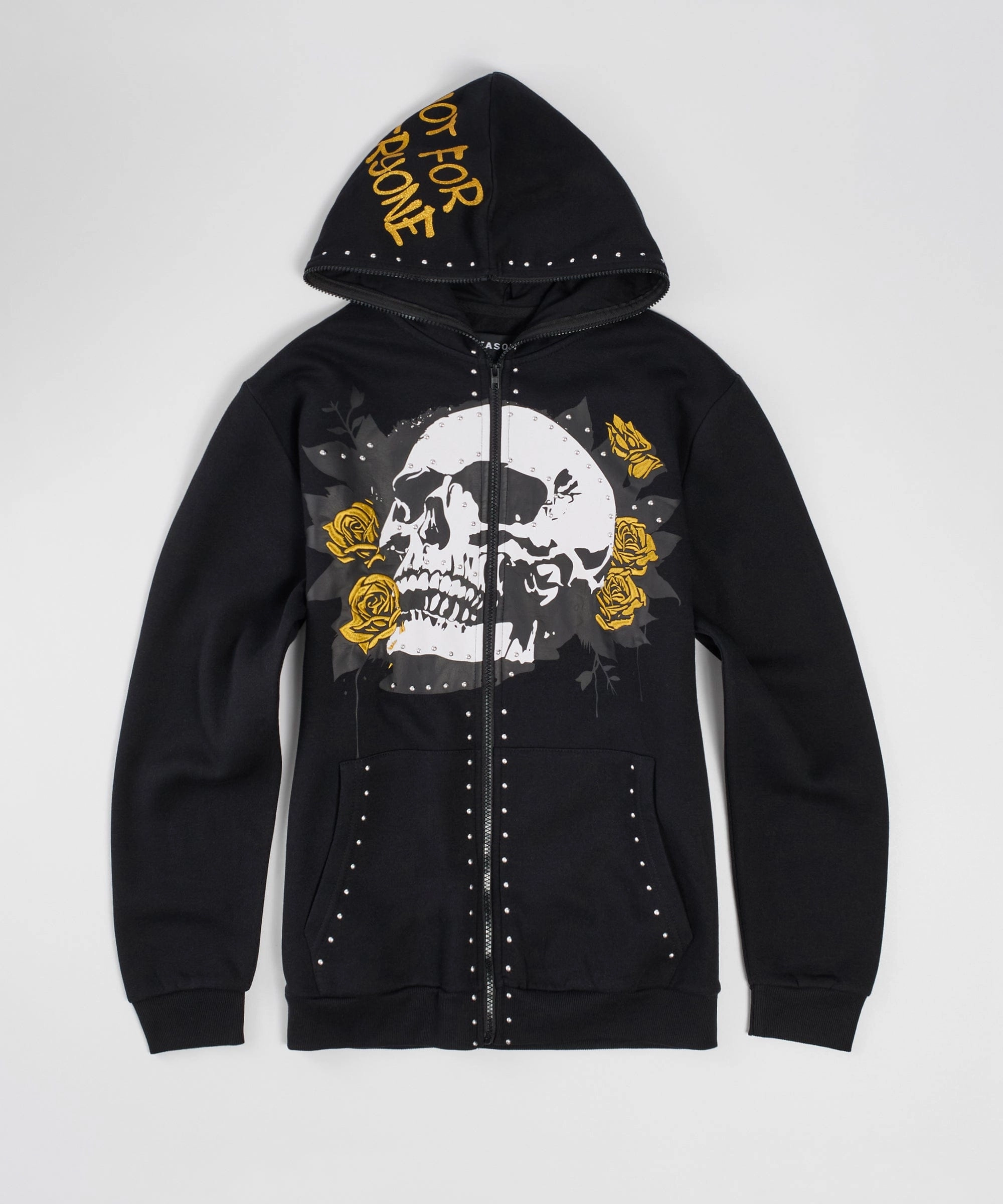 NonIrritating Hidden Zipper Pocket Grind Over Glory Rhinestone Full Zip Hoodie - Black