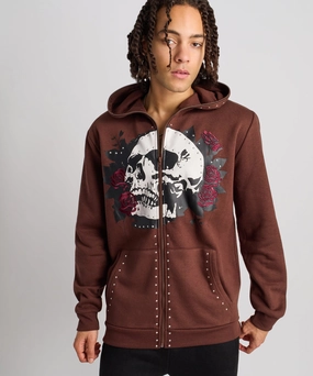 Grind Over Glory Rhinestone Full Zip Hoodie - Brown Tagless Labeling Silicone Print Detail