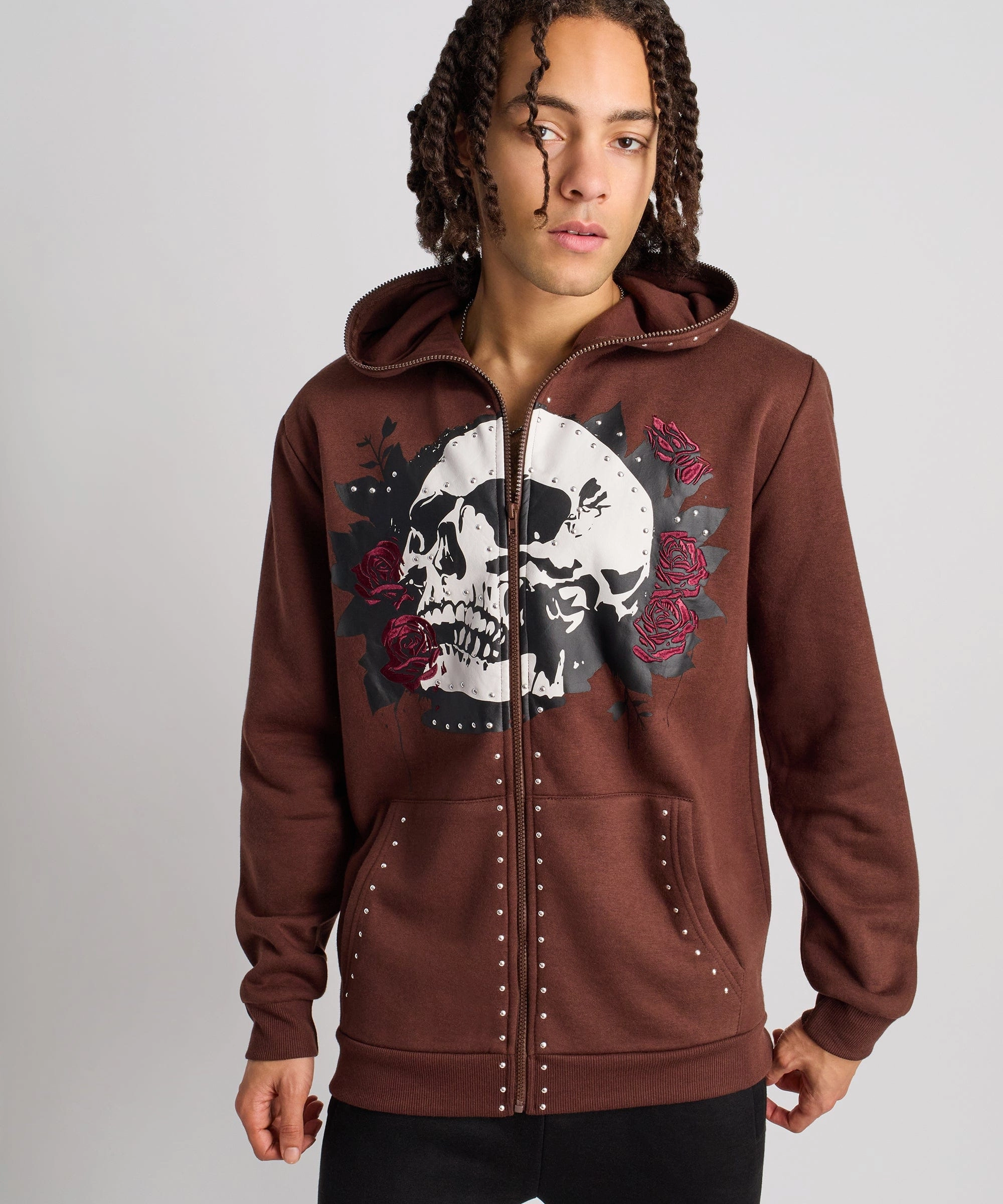 Grind Over Glory Rhinestone Full Zip Hoodie - Brown Tagless Labeling Silicone Print Detail
