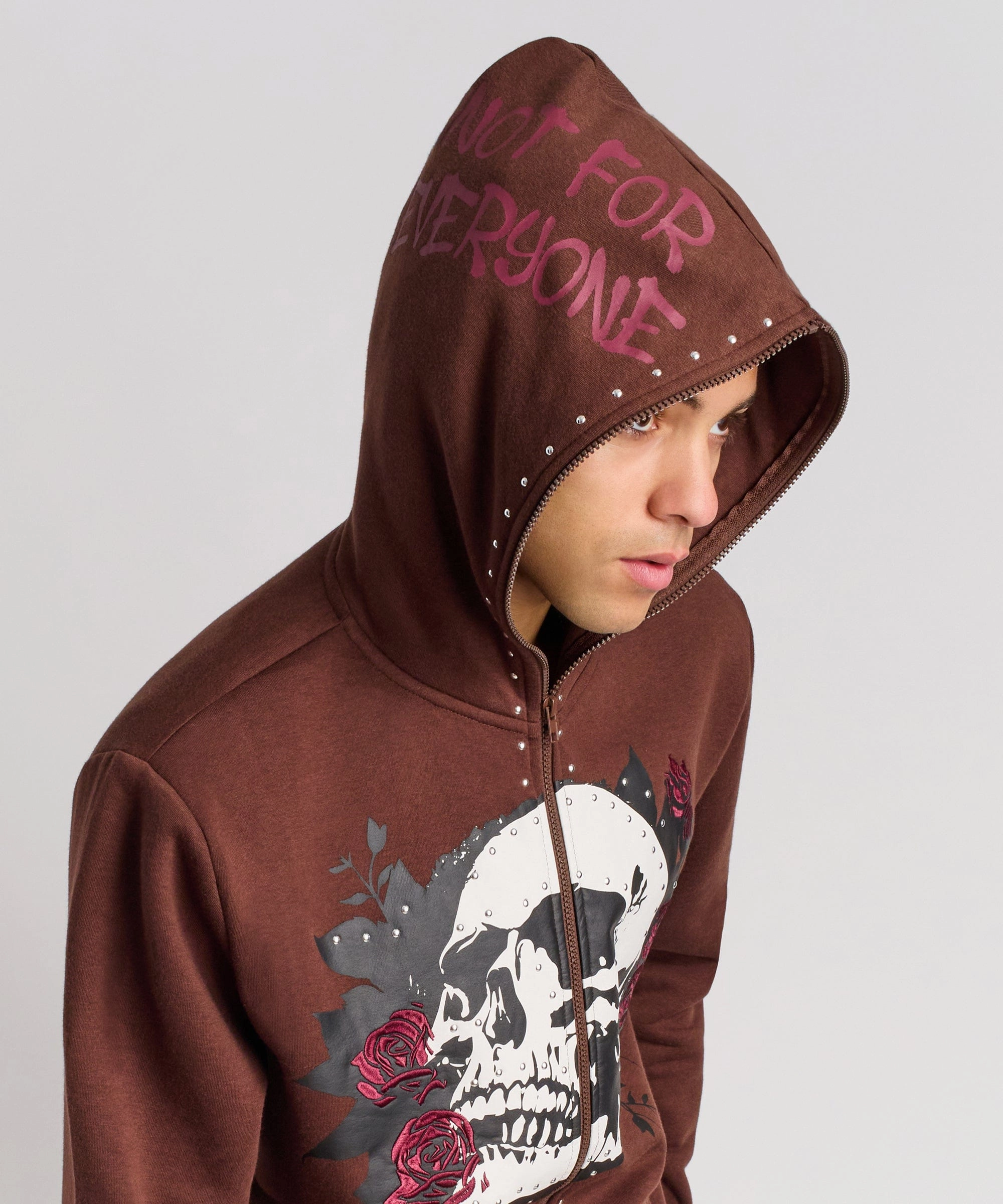 Grind Over Glory Rhinestone Full Zip Hoodie - Brown LayeredCollar