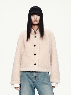 Faux Shearling Button Coat Light Reflectivity Trim