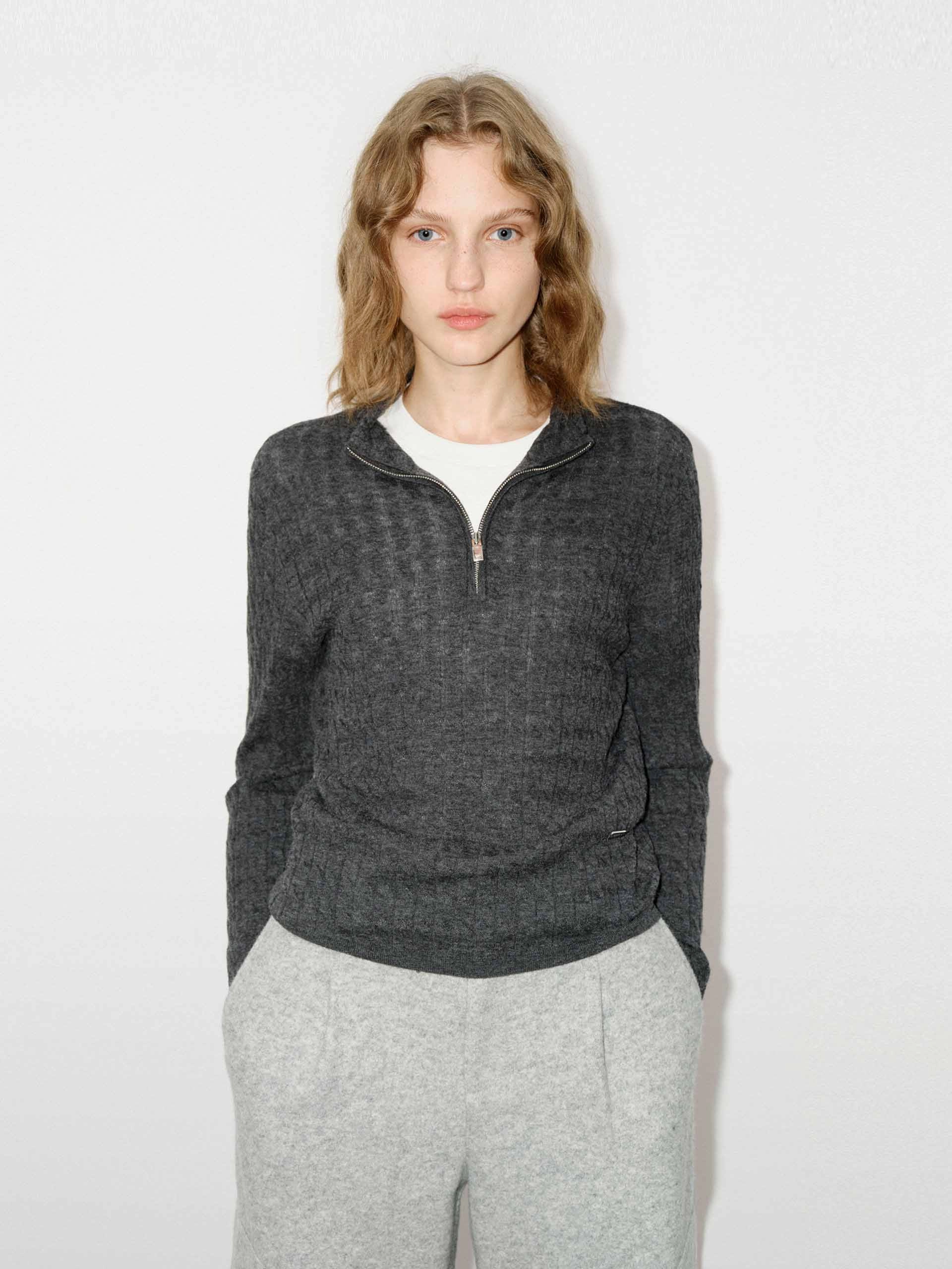 MinimalistCut Flatlock Seam Design Half Zip Wool Sweater