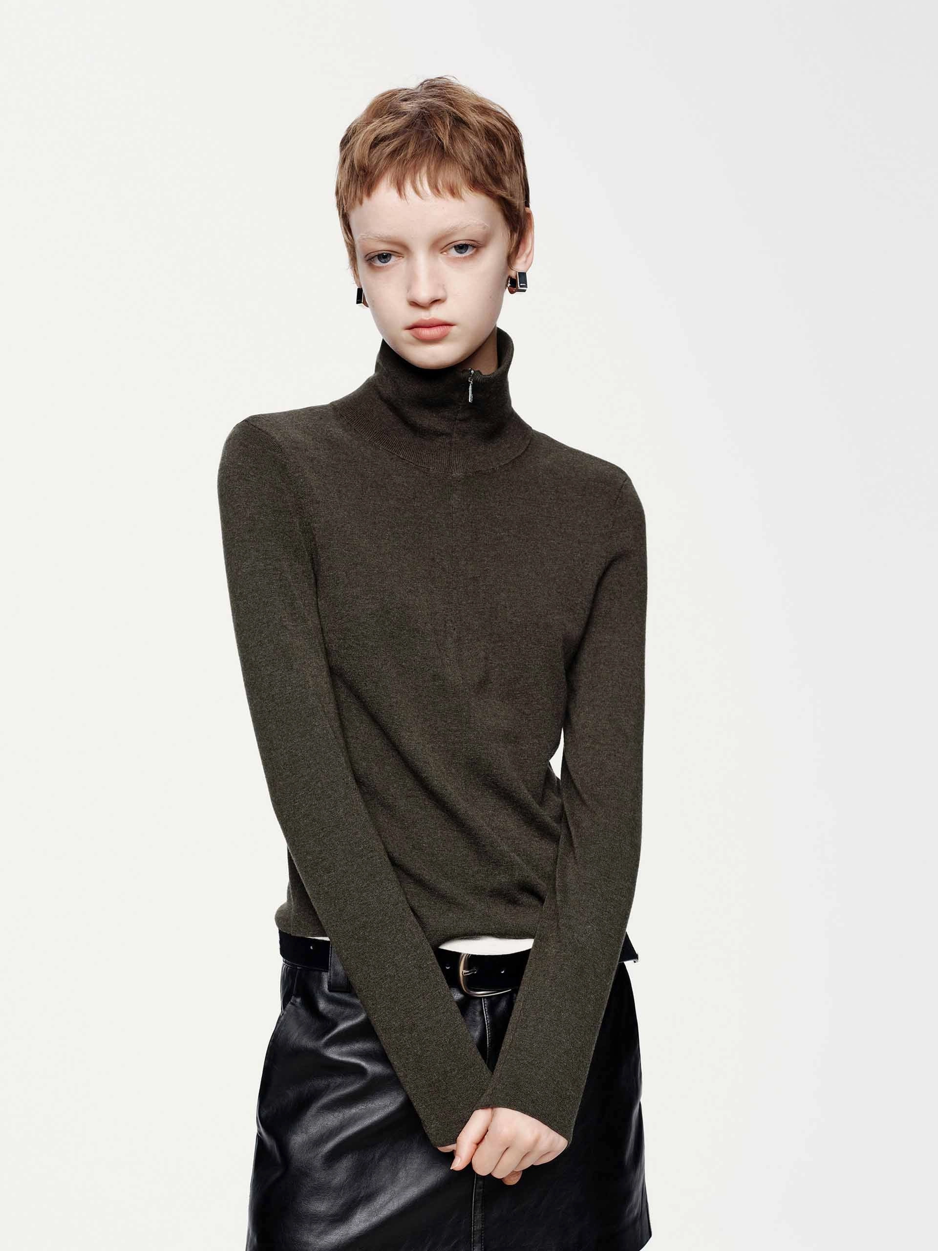Half Zipper Knitted Top Ribbed collar Brushed Microfiber Surface