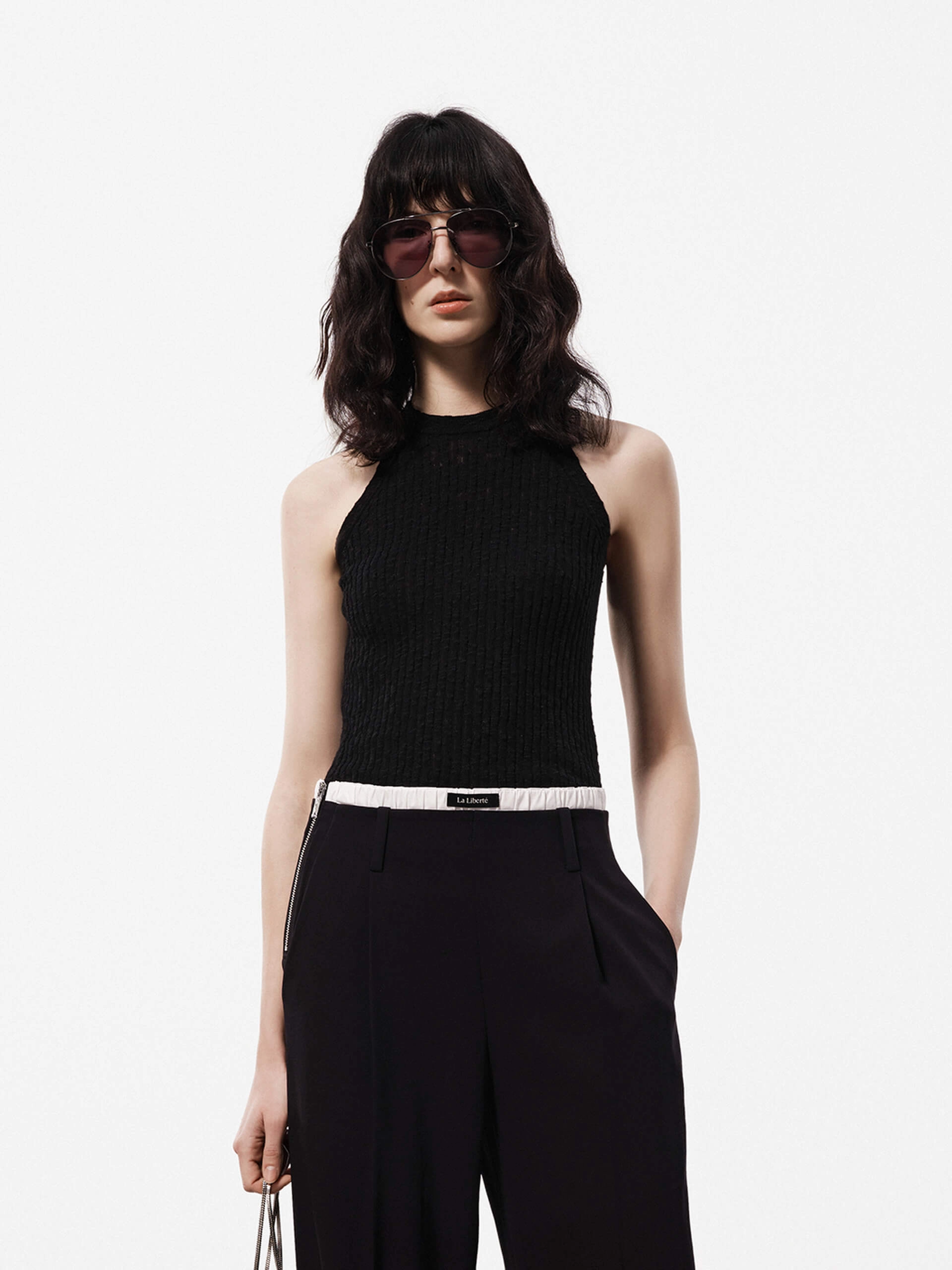 Textured Fabric Finish Halterneck Cotton Knit Top