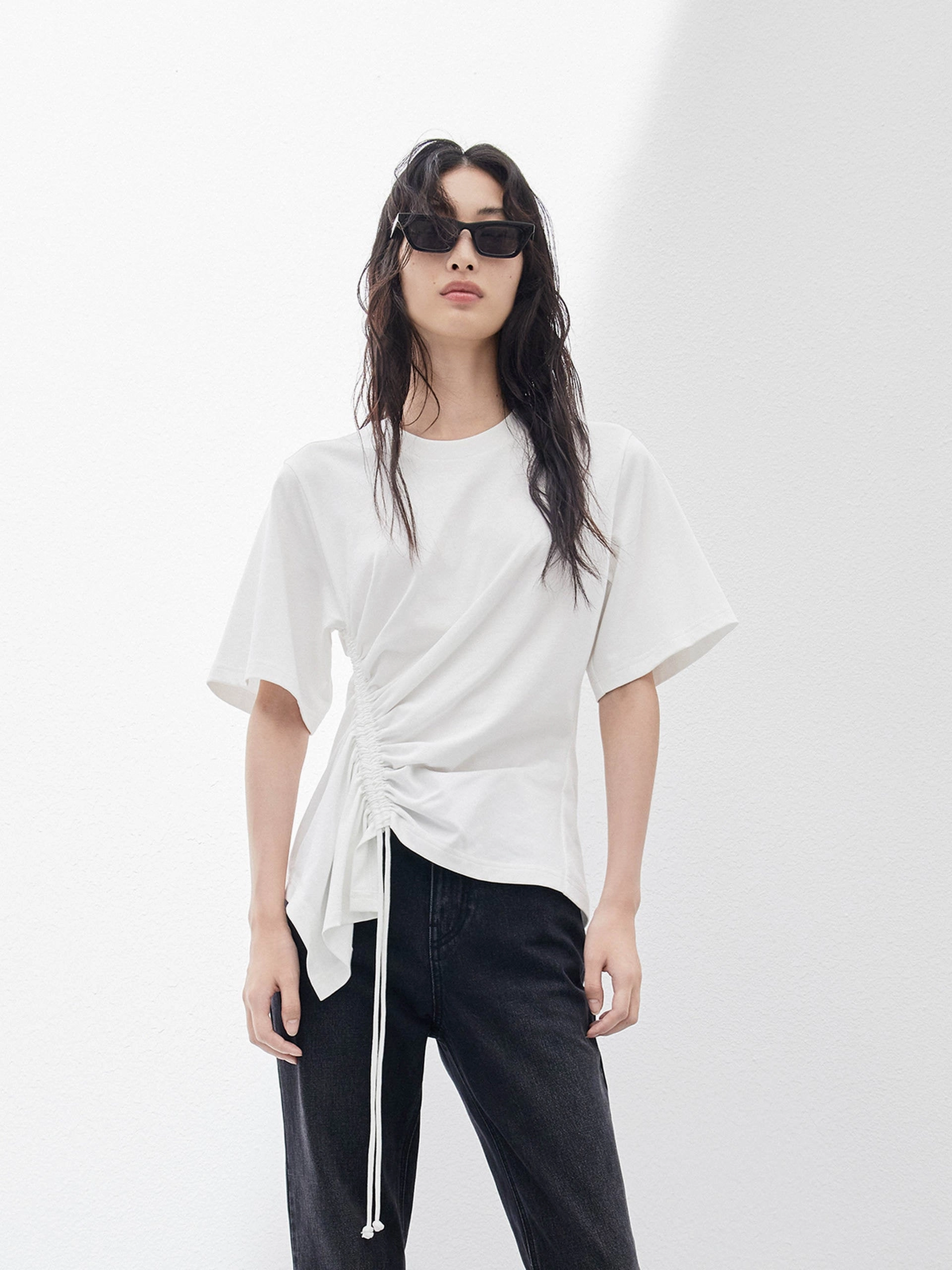 informal gathering Pleated Cotton T-shirt with Drawstring