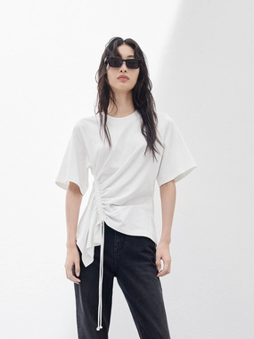 No Shrink Fabric Active Wearable Pleated Cotton T-shirt with Drawstring