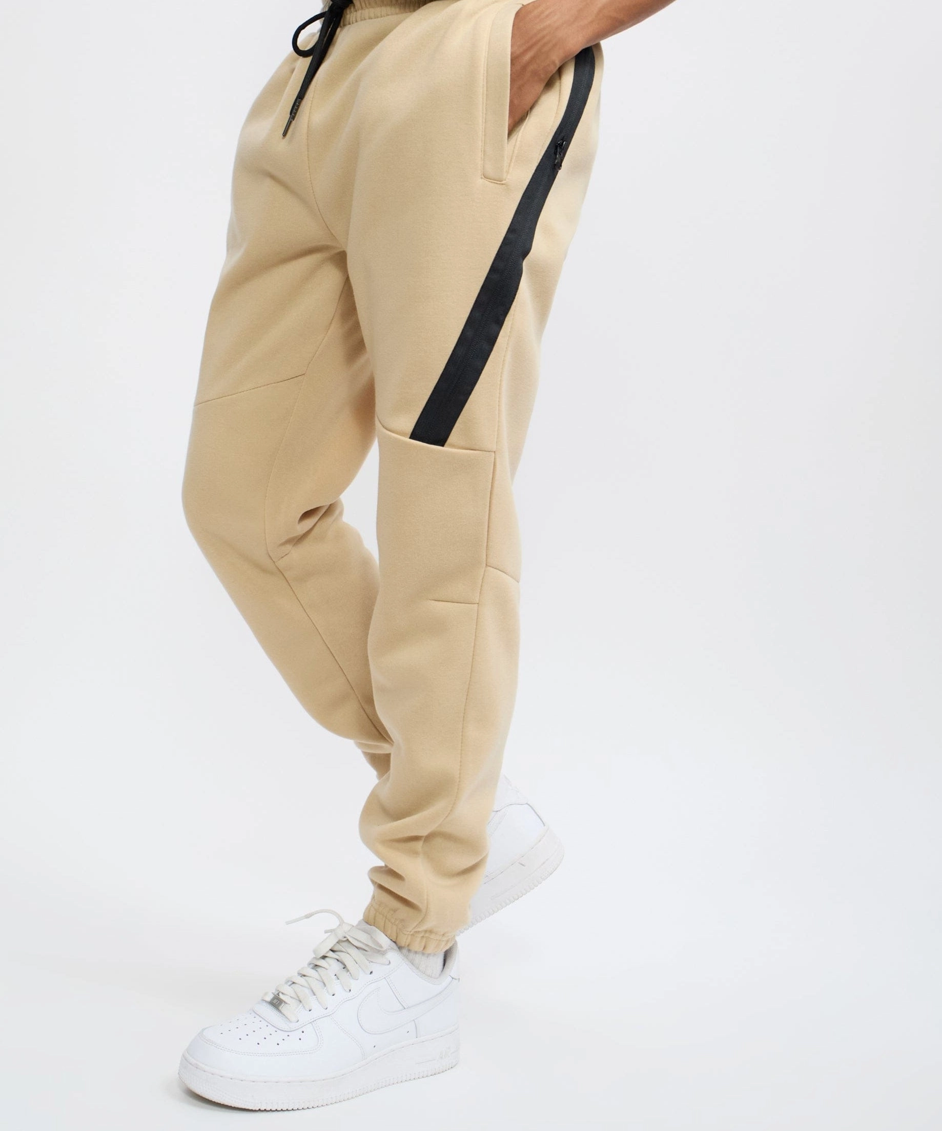 Haram Slim Fit Fleece Jogger With Zip Detail - Beige FunctionalZipper Layered Look