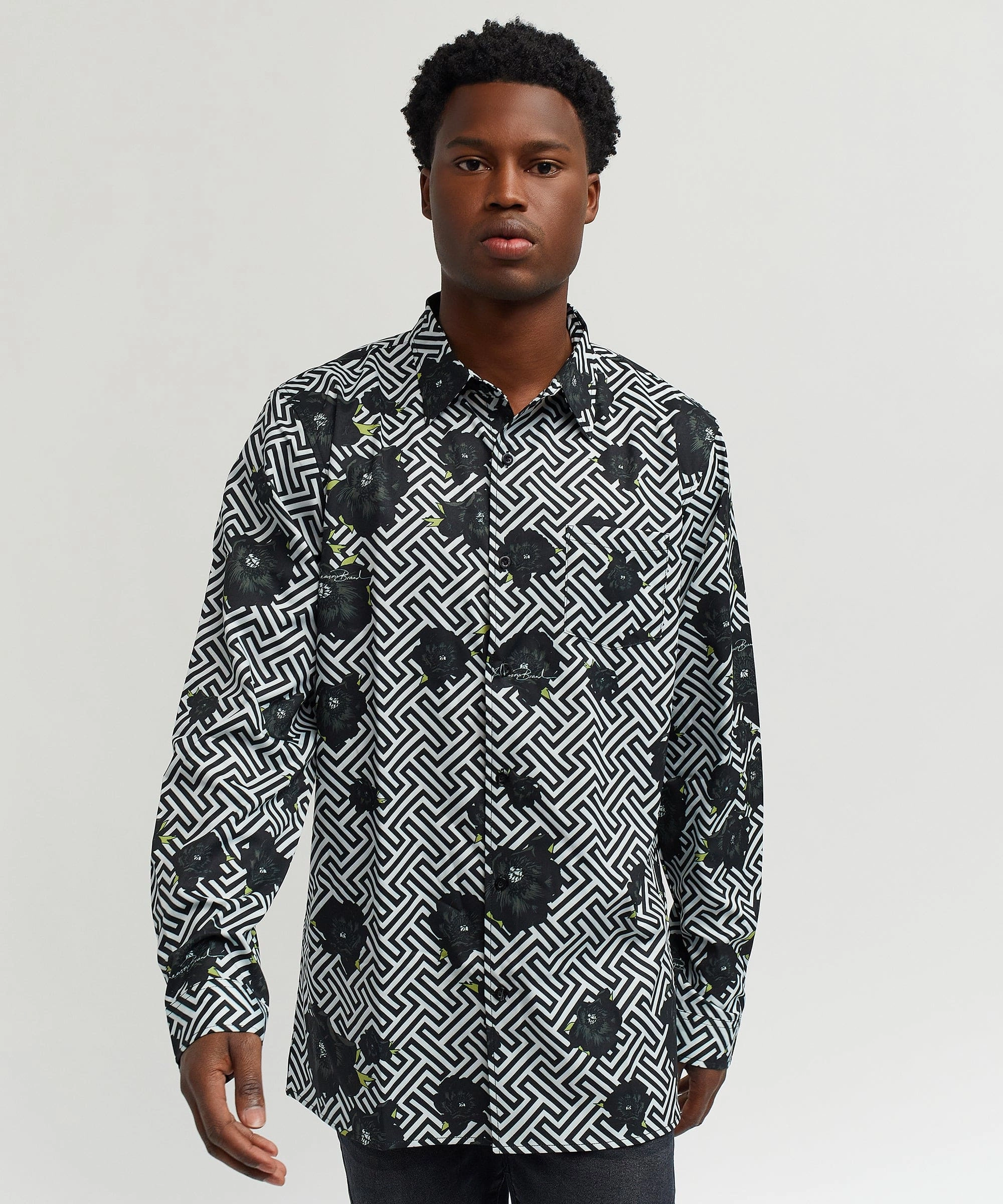 Harwood Allover Print Viscose Long Sleeve Woven Shirt Stretch Blouse