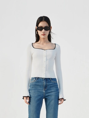 Heart Neckline Ribbed Knit Top Adjustable Cuffs